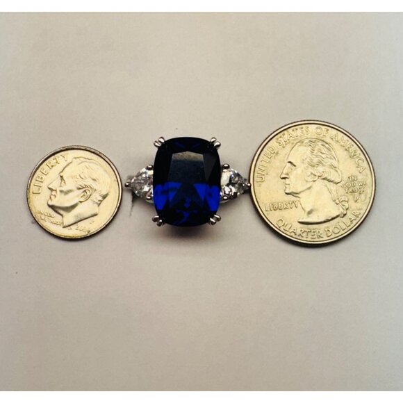 Estate 925 Silver Simulated Sapphire Ring w/ CZ Accents Rhodium Plated Sz 6 - Picture 9 of 10